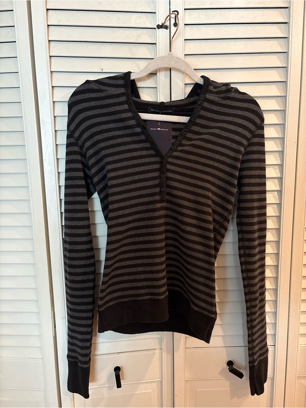 Striped Waffle Knit Long-Sleeve Henley Top - Black & Gray. As seen on Bella Swan